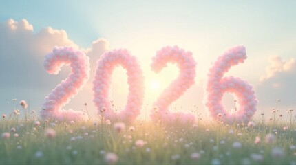 Fototapeta premium 2026 Floral Numbers in Glowing Field.Pink floral “2026” in glowing field at sunrise. Ideal for New Year, nature, and celebration-themed designs.