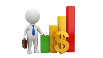 3D stick figure businessman with briefcase isolated PNG, standing next to a rising bar graph and a dollar sign for financial growth
