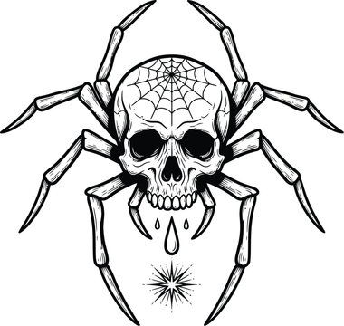 Gothic spiderskull hybrid with a web tattoo dripping venom in a black and white line art style.