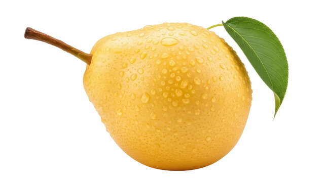Fresh yellow pear with water droplets isolated PNG, juicy fruit with stem and leaf on transparent background