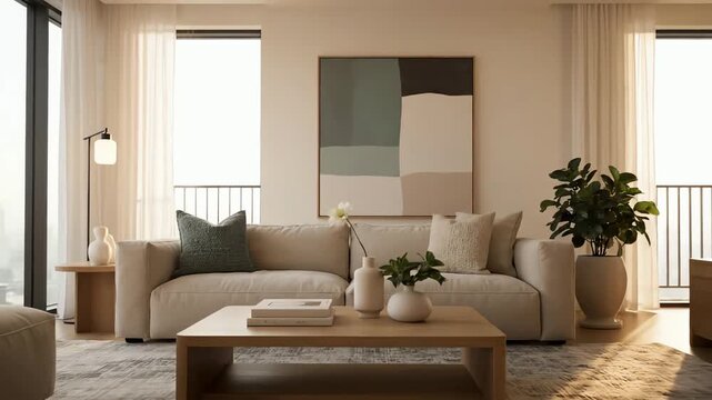 Modern living room interior with a large sectional sofa and natural light streaming in