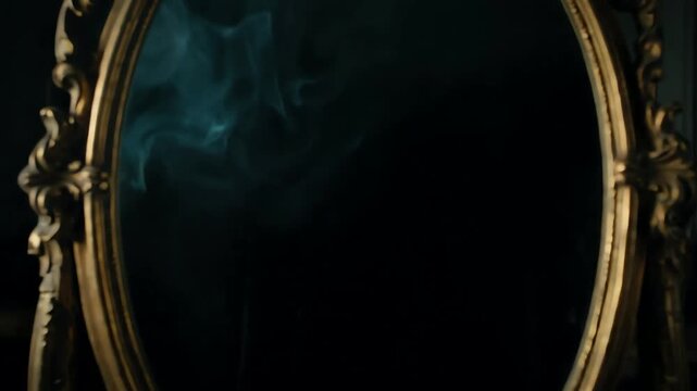 Mysterious blue smoke swirling and dissipating within an ornate vintage gold mirror frame