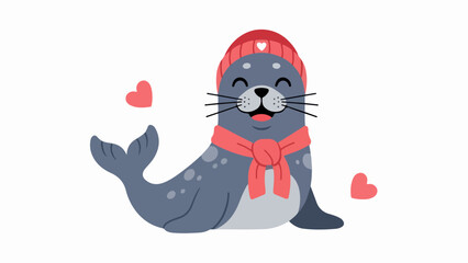 Stylized illustration of a gray-and-white seal with red knit hat and scarf, floating hearts