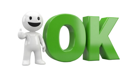Happy 3D man giving thumbs up with green OK text isolated PNG, positive message for graphic design and social media content creation