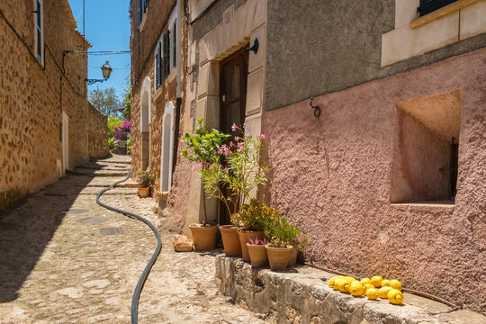 Picturesque narrow street in the Soler town, Mallorca, Spain