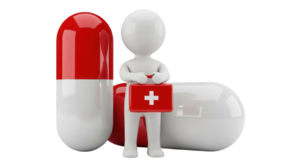 3D stick figure doctor with first aid kit and pills isolated PNG, healthcare concept for medical design and pharmaceutical advertising
