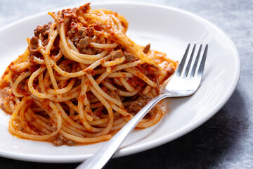 plate of traditional italian spaghetti bolognese pasta