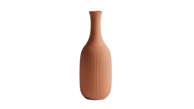 Terracotta vase isolated PNG on transparent background, minimalist ribbed ceramic bottle for home decor and flower arrangement