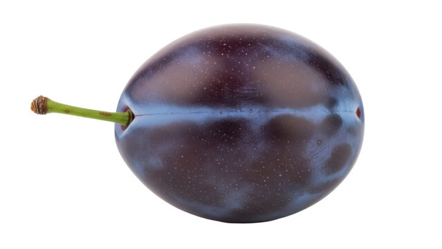 Fresh plum fruit isolated PNG, dark purple ripe plum with stem on transparent background, healthy eating and summer harvest