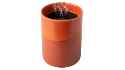 Steaming coffee in an orange mug isolated PNG, hot beverage for breakfast or break time on transparent background