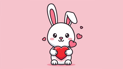 Fototapeta premium Playful cartoon rabbit with pink accents holding a red heart on a light pink background