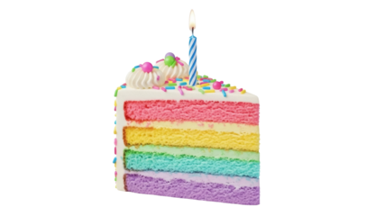 Slice of rainbow layer cake with candle isolated PNG, colorful birthday dessert on transparent background for party and celebration