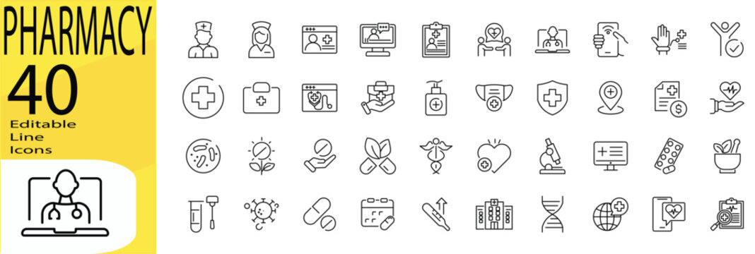 Pharmacy icon set. Editable stroke.