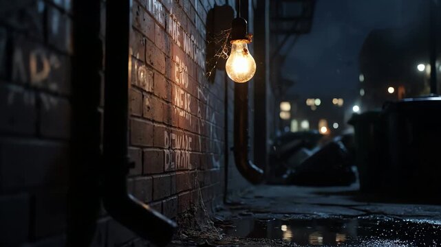 Eerie night alley with single flickering light bulb over wet pavement and brick wall