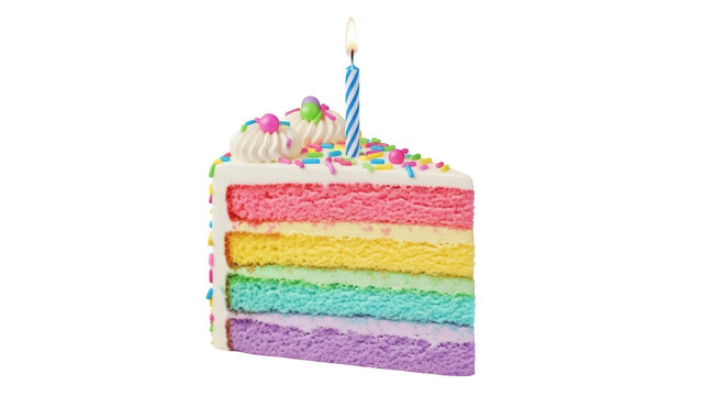 Slice of rainbow layer cake with candle isolated PNG, colorful birthday dessert on transparent background for party and celebration