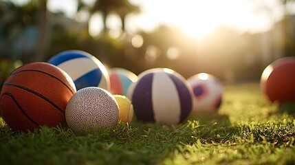 Collection of colorful sport ballsbasketball, volleyball, soccer and moreresting on fresh green grass at golden hour, warm bokeh background evoking outdoor play and summer fun