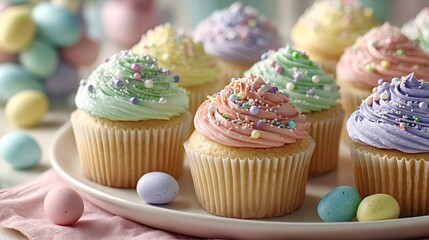Row of colorful cupcakes with pastel frosting and sprinkles, decorating a white serving plate among scattered easter candy eggs, perfect for a festive holiday celebration