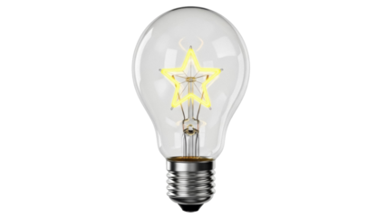 Star filament light bulb PNG isolated on transparent background, decorative lighting element for festive designs and creative projects