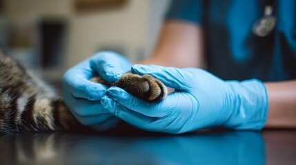 Veterinarian in blue gloves gently holding a domestic cat's paw, symbolizing care, trust, and professional animal healthcare during a clinic visit or check up