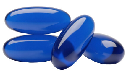 Group of blue gel capsules isolated PNG on transparent background, dietary supplement for health and wellness products
