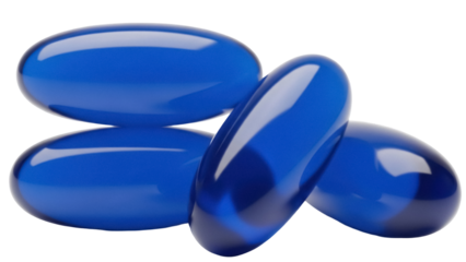 Group of blue gel capsules isolated PNG on transparent background, dietary supplement for health and wellness products