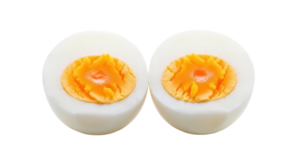 Two halves of a hard-boiled egg isolated PNG, showing the yolk and egg white on transparent background, healthy food