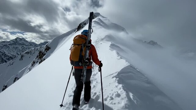 A determined mountaineer hikes along a narrow, snow-covered ridge with skis, captured in a dramatic, epic winter shot.