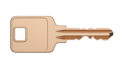 Modern bronze key isolated PNG on transparent background, security and access concept for graphic design and web projects