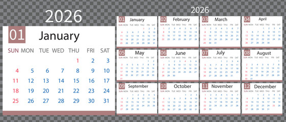 A full-year calendar template for 2026 displaying all months with a focus on january