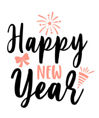 Obraz premium Happy New Year text typography phrase design for T-shirts and apparel on plain white transparent isolated background for shirt, hoodie, sweatshirt, card, tag, mug, icon, poster or badge