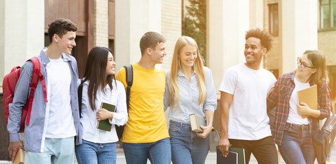 Campus life rhythm. Students going to classes and talking about exams, panorama