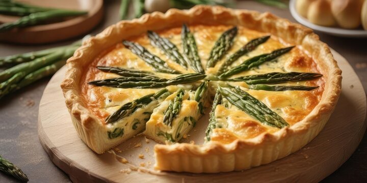 Asparagus and cheese quiche in a flaky pastry crust served on a light surface ,  table,  cheese,  pie