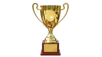 Golden trophy cup isolated PNG on transparent background, award prize for winning and success in sport or business competition