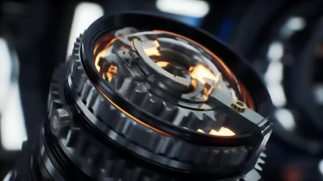 Close-up view of a complex mechanical watch movement with glowing orange accents.