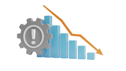 Declining business graph with gear and exclamation mark isolated PNG, financial crisis and economic downturn concept on transparent background