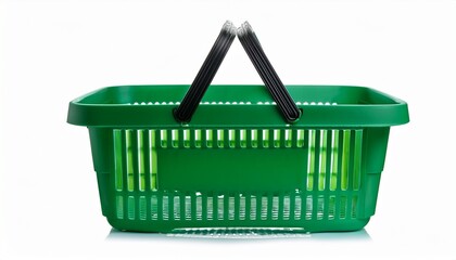 green plastic shopping basket with black handles empty and isolated transparency background commonly used supermarkets or grocery stores for carrying items practical and lightweight design