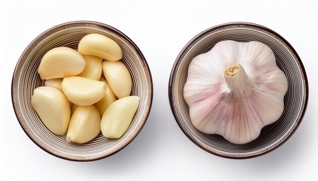 fresh chopped garlic on white bowl isolated on white background top view