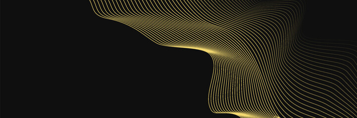 Abstract luxury with shining gold lines waves on black background. Futuristic background of flowing gold lines. vector illustration