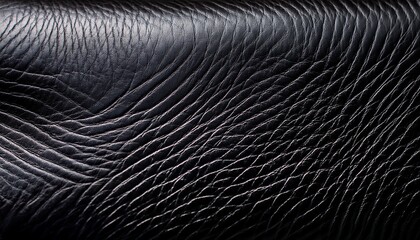 close up view of black textured leather surface with natural creases and fine grain detailing