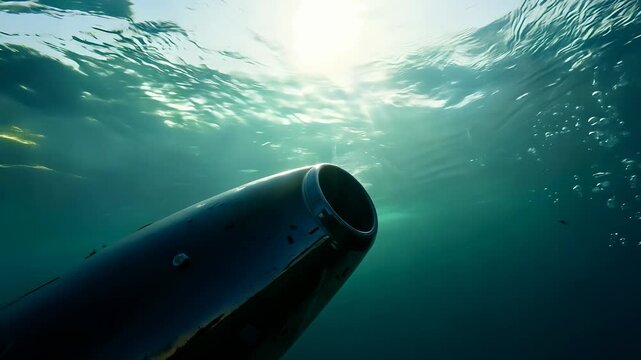 An underwater scene captures a sleek submarine hull submerged in clear blue water, with bubbles rising towards the surface. The sunlight filters through, illuminating the submarine and the tranquil