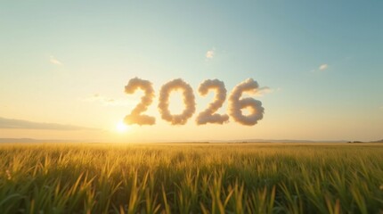 2026 Cloud Numbers in Clear Sky.A tranquil nature scene featuring the year &ldquo;2026&rdquo; formed from cloud-like shapes floating in a clear sky above a grassy field.