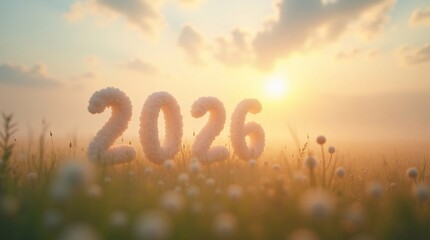 2026 sunrise in flower field with soft textures, golden light, and hopeful nature vibes for New Year themes.