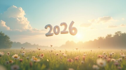 2026 Nature Landscape with Sunlight and Flowers &ndash; Hopeful New Year Concept
