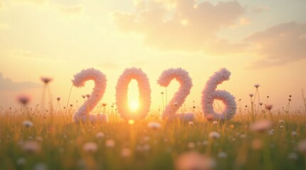 2026 Floral Numbers in Sunset Field &ndash; Nature, Celebration, and Future Symbolism.A scenic landscape featuring &ldquo;2026&rdquo; numbers formed with flower-like textures, standing upright in a grassy field filled 