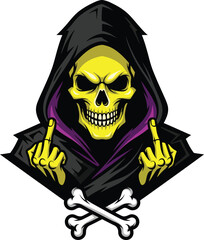 Menacing yellow skull grim reaper in a black hood showing both middle fingers and crossbones.