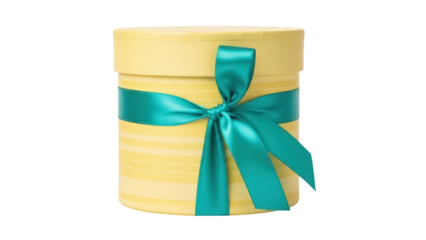 Yellow gift box with teal ribbon isolated PNG, round present container for birthdays and special occasions on transparent background