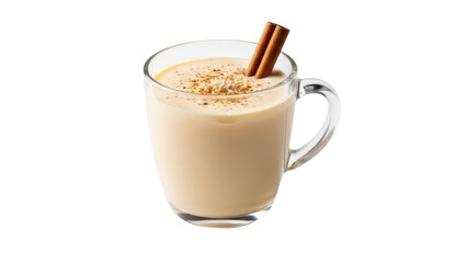 Festive eggnog in a glass mug isolated PNG, creamy holiday drink with cinnamon sticks for Christmas and New Year celebrations