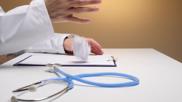 Doctor hands wearing a white lab coat aggressively crumpling a sheet of paper, demonstrating concepts of frustration, stress, and medical errors in a healthcare environment
