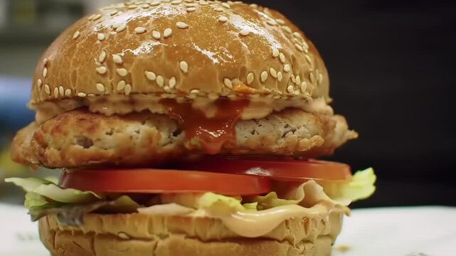 Delicious Chicken Burger with Fresh Ingredients Close Up.