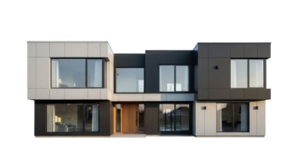 Modern two-story house PNG isolated on transparent background, contemporary architecture with clean lines and geometric design, residential building